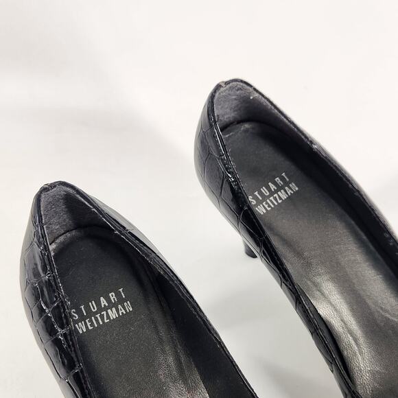 Stuart Weitzman Peep Toe Pumps Size 6,5M Womens Black Patent Leather Croc Heels - Picture 7 of 9